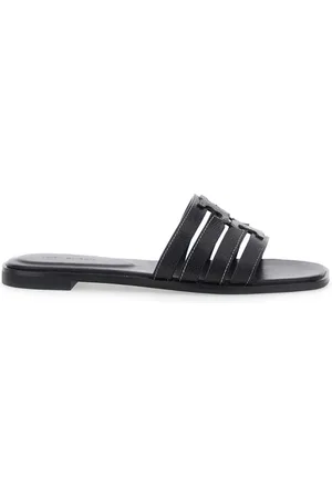 Tory Burch Skor, Dam, 37 1/2 EU, Läder, Svarta Lädersandaler med Dubbelt T Motiv