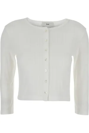 DUNST Stickade tröjor & koftor, Dam, S, Bomull, Vit Pointelle Crewneck Sweater