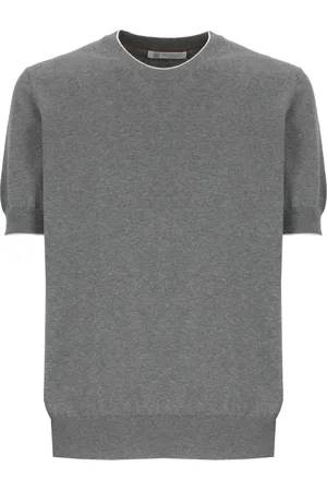 Brunello Cucinelli Stickade tröjor & koftor, Herr, M, Bomull, Grå Bomull Crewneck Tröja Korta ärmar
