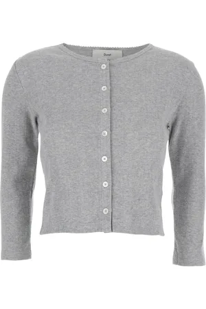 DUNST Stickade tröjor & koftor, Dam, M, Bomull, Grå Pointelle Crewneck Cardigan Sweaters