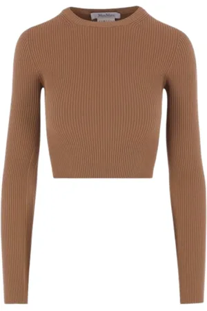 Max Mara Stickade tröjor & koftor, Dam, M, Läder, Brun Läder Crewneck Tröja