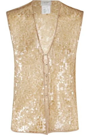ALYSI Topp, Dam, M, Polyester, Guld Spets Paljett V-ringad Topp