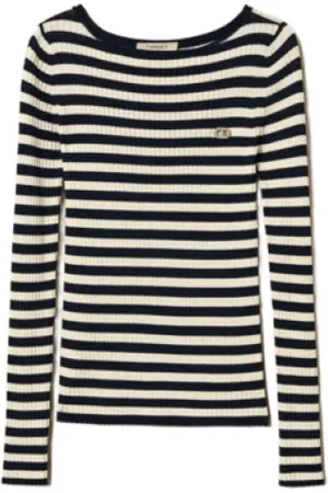 Twin-Set Stickade tröjor & koftor, Dam, L, Randig Sweatshirt Riga Neve/Blå Natt