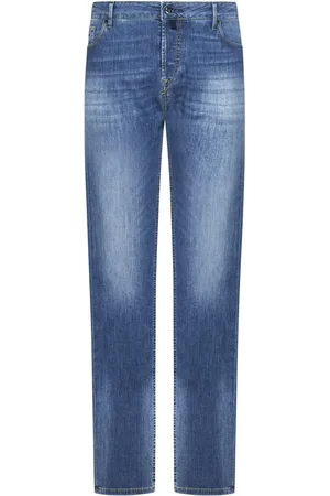 Hand Picked Jeans, Herr, W33, Bomull, Blå Slim Fit Jeans med Logodetaljer