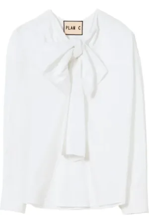 Plan C Blusar & Skjortor , Dam, XS, Bomull, Vit Poplin Skjorta med Maxi Slips