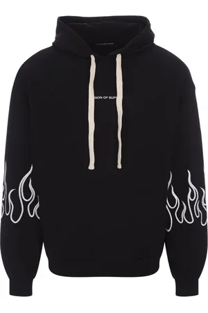 Vision Of Super Sweatshirts & Hoodies, Herr, S, Bomull, Svart Oversized Hoodie med Ikoniska Flammor