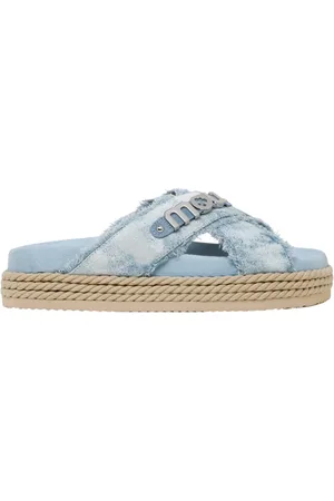 Mou Skor, Dam, 40 EU, Denim, Blå vävda sandaler med fransad denim