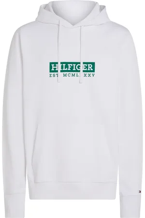Tommy Hilfiger Sweatshirts & Hoodies, Herr, L, Bomull, Vit huvtröja med grön logotyp