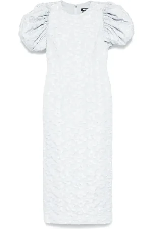 ROTATE Klänning, Dam, 3Xs, Polyester, Blå Jacquard Midi Puffy Klänning