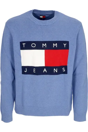 Tommy Hilfiger Stickade tröjor & koftor, Herr, S, Bomull, Blå Melange Logo Tröja Bomull