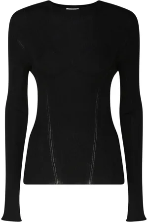 Lanvin Stickade tröjor & koftor, Dam, L, Svart Cashmere Ribbstickad Topp