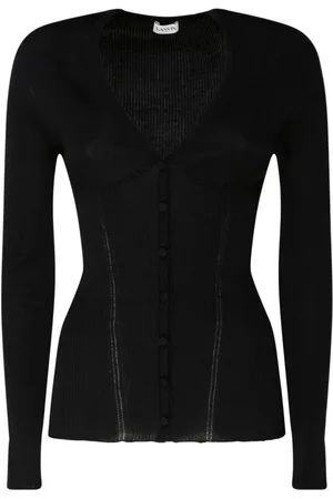 Lanvin Stickade tröjor & koftor, Dam, L, Svart Silke Ribbad V-ringad Kofta