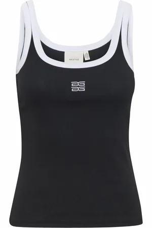 Gestuz Topp, Dam, M, Bomull, Svart Kontrast Logo Slim Fit Topp