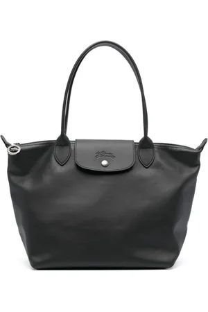 Longchamp Väska, Dam, ONE Size, Läder, Svart Kalvläder Handväska med Präglat Logotyp