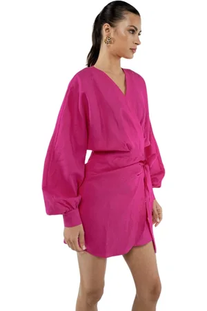 ACTUALEE Klänning, Dam, M, Linne, Fuchsia Linne Kors-Knapp Långärmad Klänning