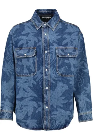 Palm Angels Skjorta, Herr, M, Denim, Denim Oversized Skjorta med Lasertryck