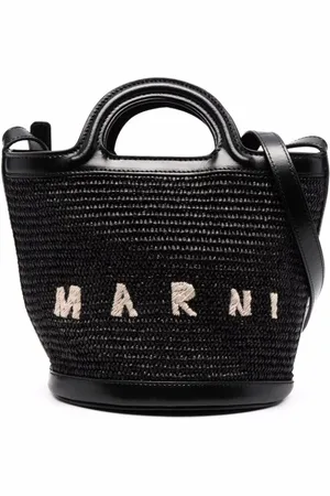 Marni Väska, Dam, ONE Size, Läder, Svart Halm/Läder Väska med Broderad Logotyp