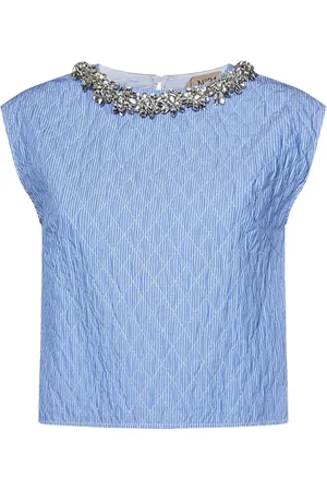 Nº21 Blusar & Skjortor , Dam, L, Bomull, Klarblå Randig Crop Top med Kristaller