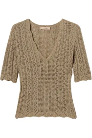 Twin-Set Stickade tröjor & koftor, Dam, S, Guldgrön Lurex Sweatshirt med V-ringning
