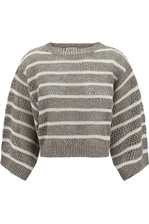 Brunello Cucinelli Stickade tröjor & koftor, Dam, S, Linne, Perforerad Stickad Linne Tröja med Paljett Detaljer