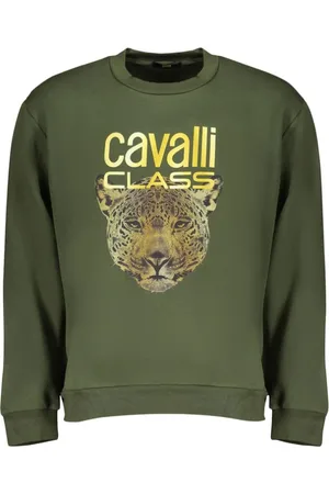 Roberto Cavalli Sweatshirts & Hoodies, Herr, L, Bomull, Grön Fleece Sweatshirt med Rund Hals