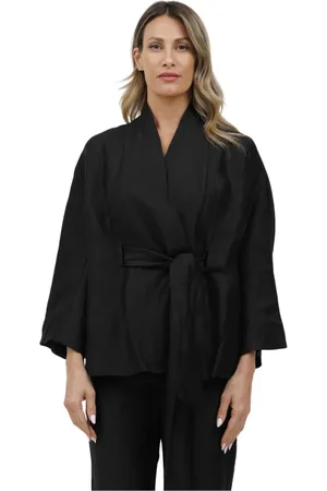 ALPHA STUDIO Stickade tröjor & koftor, Dam, M, Linne, Linne kimono cardigan med skärp