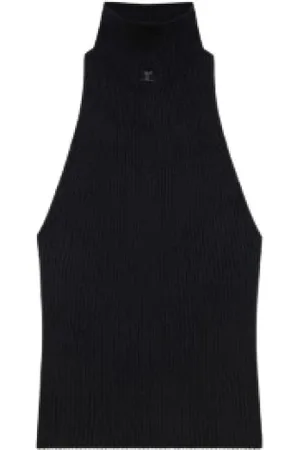 Courrèges Topp, Dam, S, Bomull, Svart Mockneck Ärmlös Logotyp Topp