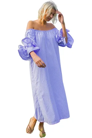 Crās Klänning, Dam, L, Bomull, Blårandig Off-Shoulder Midi Klänning