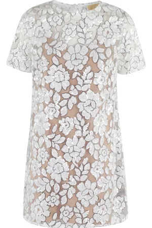 Michael Kors Klänning, Dam, XS, Polyester, Blommig Paljettklänning Vit Rund Hals