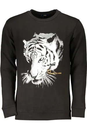 Roberto Cavalli Sweatshirts & Hoodies, Herr, S, Bomull, Svart Bomullssweatshirt med Tryckt Logotyp
