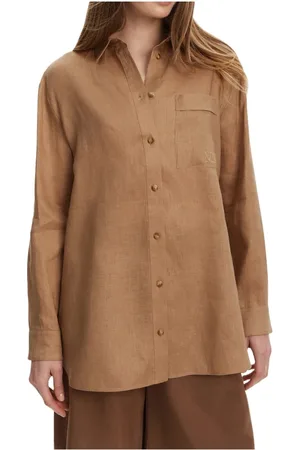 Max Mara Blusar & Skjortor , Dam, M, Linne, Sandbrun Linneskjorta med Logobroderi