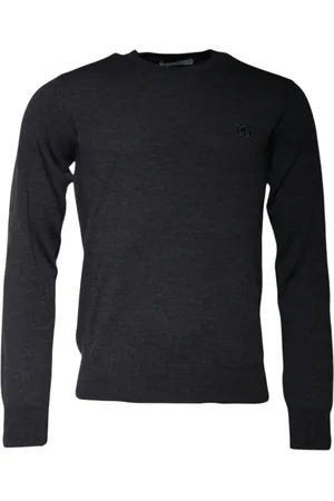 Dolce & Gabbana Stickade tröjor & koftor, Herr, S, Mörkgrå Logo Crew Neck Sweater