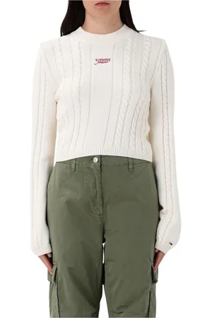 Tommy Hilfiger Stickade tröjor & koftor, Dam, S, Vit Stickad Tröja med Ribbade Detaljer