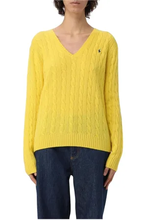Ralph Lauren Stickade tröjor & koftor, Dam, XS, Bomull, Citron Kabelstickad V-ringad Tröja