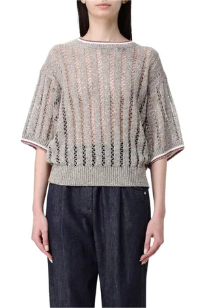 Brunello Cucinelli Stickade tröjor & koftor, Dam, M, Beige Öppen Stickad Tröja