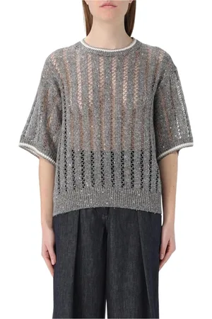 Brunello Cucinelli Stickade tröjor & koftor, Dam, L, Beige Öppen Stickad Tröja
