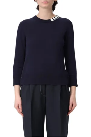 Thom Browne Stickade tröjor & koftor, Dam, M, Navy Crew Neck Sweater Chic Style