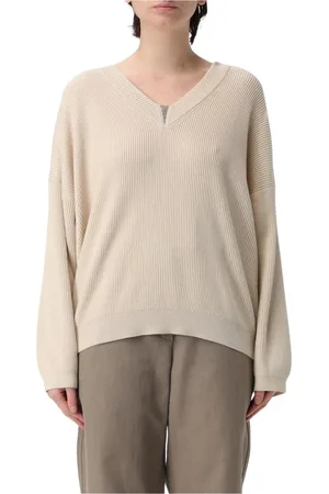Brunello Cucinelli Stickade tröjor & koftor, Dam, XS, Vit Cashmere V-ringad Tröja