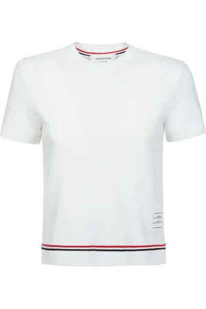 Thom Browne Stickade tröjor & koftor, Dam, 3Xs, Bomull, Räfflad Crewneck T-shirt med knappdetaljer