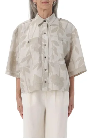 Brunello Cucinelli Blusar & Skjortor , Dam, S, Linne, Blommig Linne Boxy Skjorta