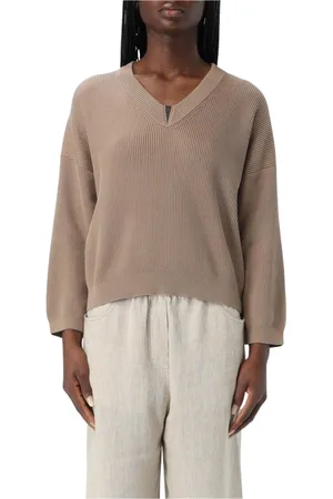 Brunello Cucinelli Stickade tröjor & koftor, Dam, XS, Vit Cashmere V-ringad Tröja
