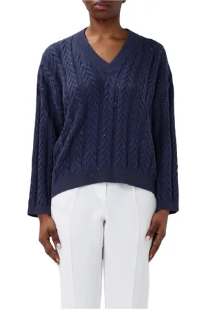 Brunello Cucinelli Stickade tröjor & koftor, Dam, M, Blå Cable Stickad Cashmere Tröja