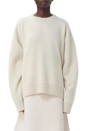 Jil Sander Stickade tröjor & koftor, Dam, S, Elegant Ivory Wool Crew Neck Sweater