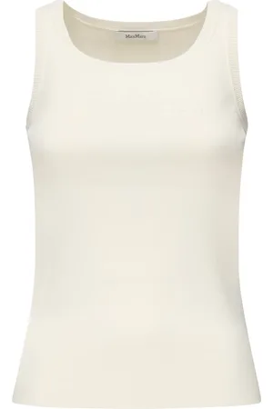 Max Mara Stickade tröjor & koftor, Dam, S, Vit Ribbad Topp med Logoprägling
