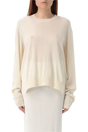Jil Sander Stickade tröjor & koftor, Dam, L, Beige Wool Crew Neck Sweater