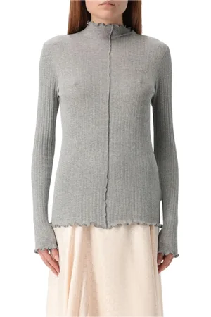 Fendi Stickade tröjor & koftor, Dam, S, Elegant Grå Ribbstickad Mock Hals Topp