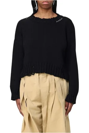 Marni Stickade tröjor & koftor, Dam, S, Bomull, Svart Distressed Stickad Pullover Tröja