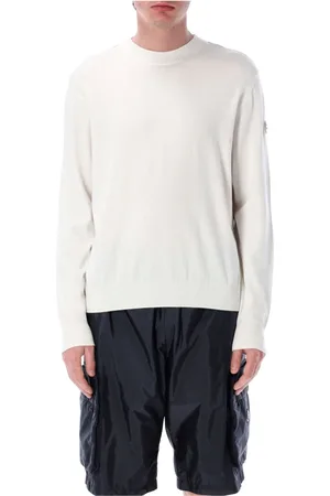 Moncler Stickade tröjor & koftor, Herr, L, Bomull, Vit Stickat Bomullströja Rund Hals
