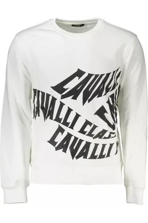 Roberto Cavalli Sweatshirts & Hoodies, Herr, XL, Bomull, Elegant vit borstad logosweatshirt