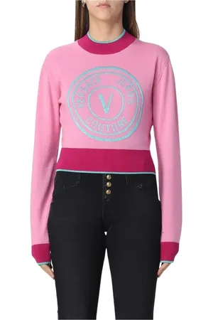 VERSACE Stickade tröjor & koftor, Dam, S, Rosa Broderad Tröja med Ribbade Kanter